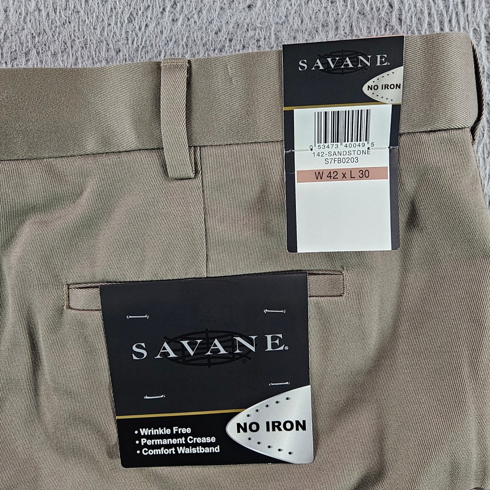 Savane Mens No Iron Flat Front Pants 42x30 Sandstone Khaki Chino NEW NWT